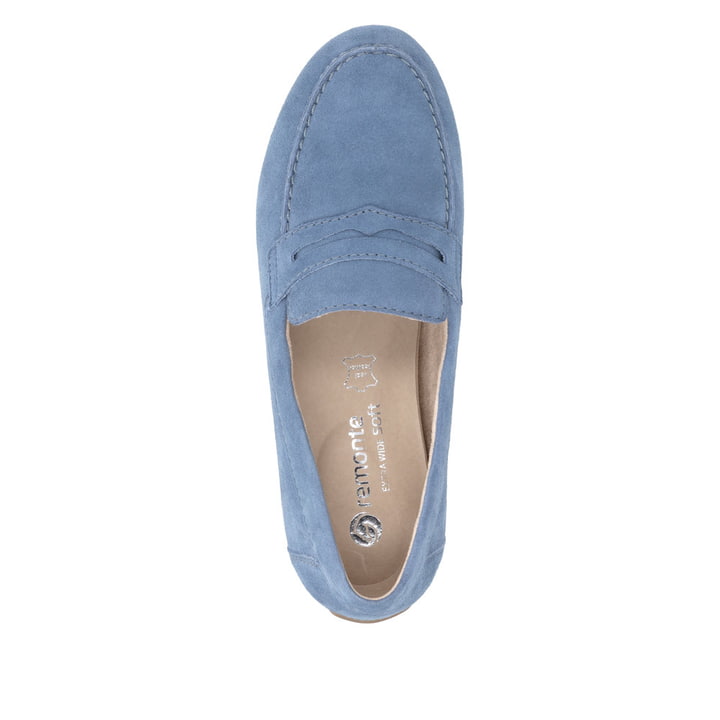 Blaue remonte Damen Loafer D3K00-14 mit einer herausnehmbaren Einlegesohle. Schuh von oben.