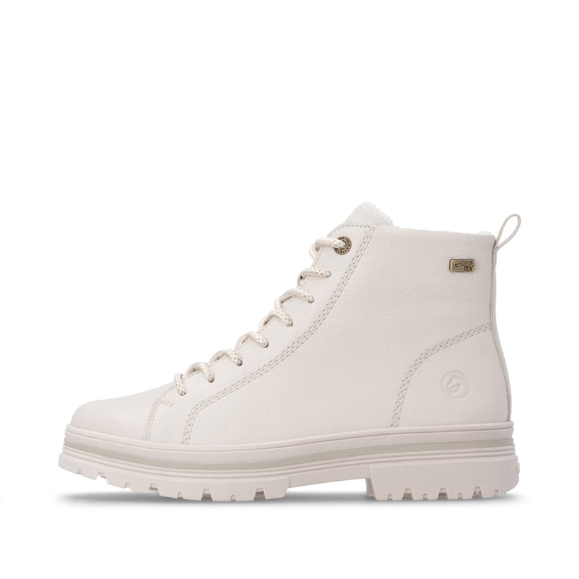 Weiße remonte Damen Schnürstiefel D2U75-80 mit wasserabweisender TEX-Membran. Schuh Außenseite.