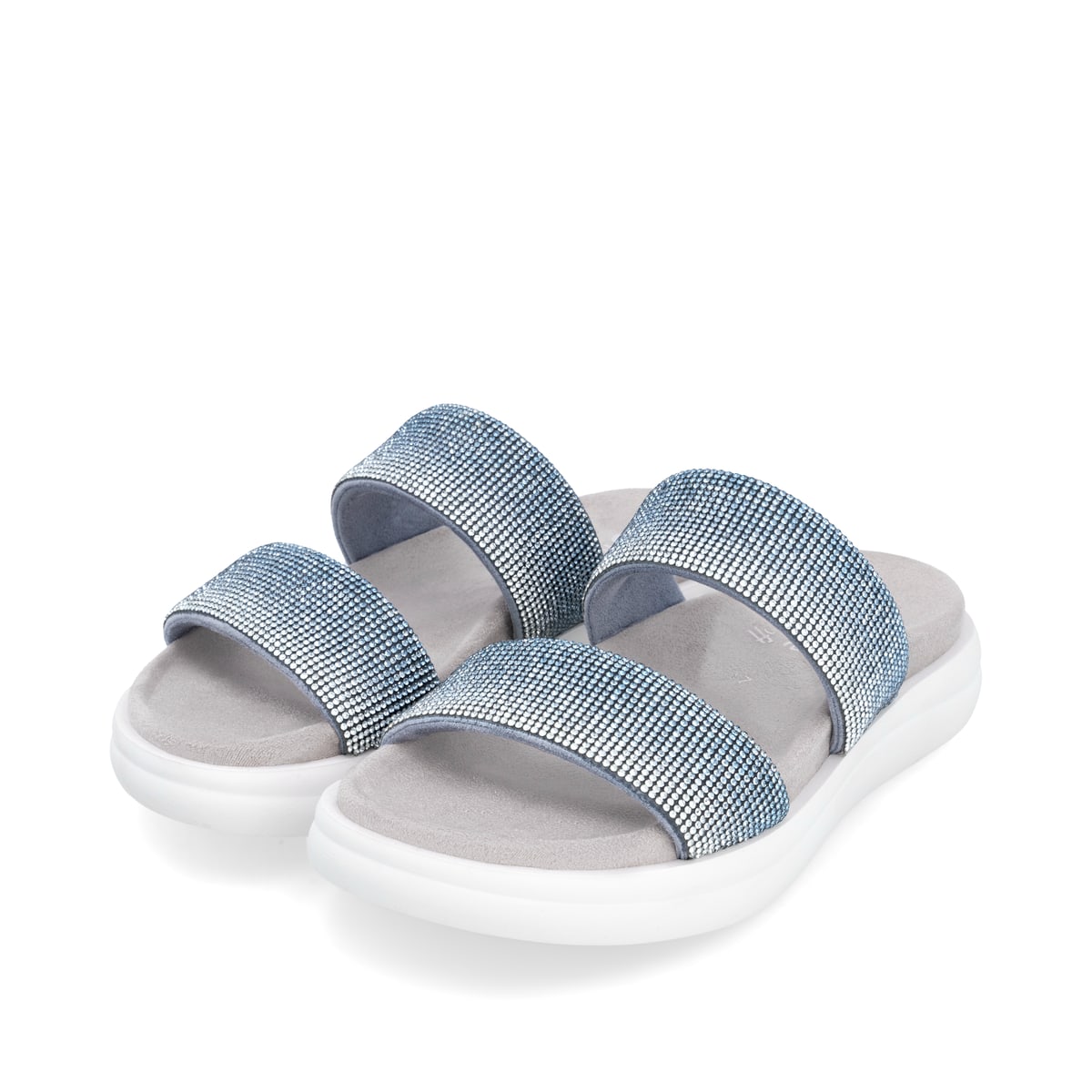 Blaue vegane remonte Damen Pantoletten D2N50-14 mit einem weichen Fußbett. Schuhpaar seitlich schräg.