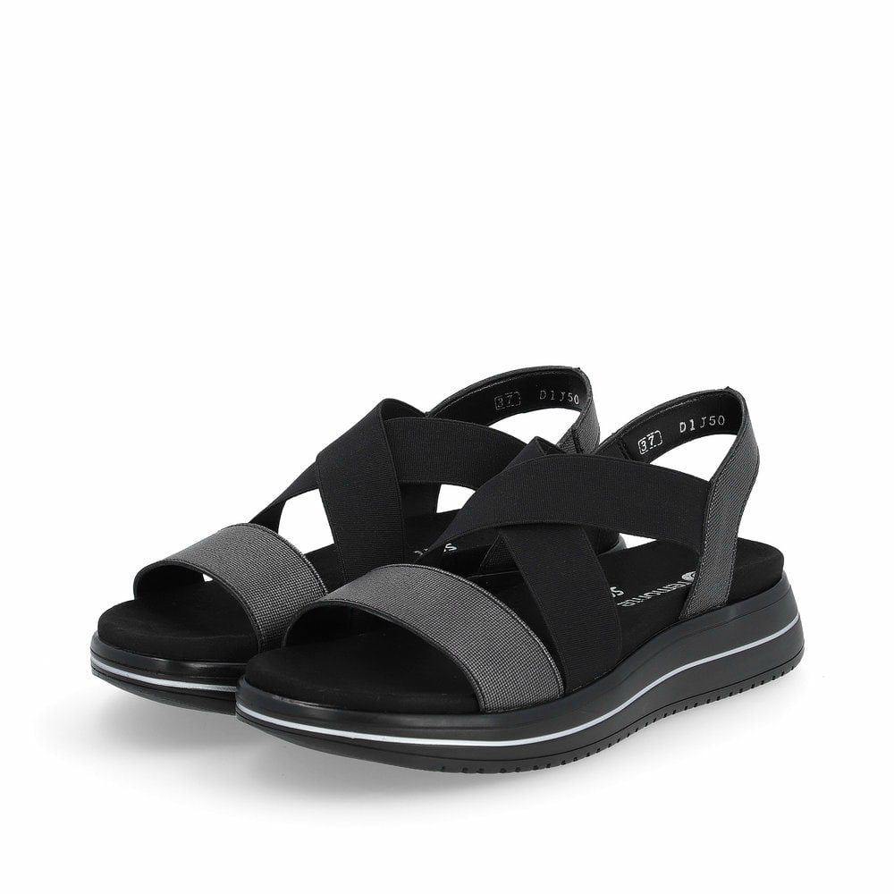 Schwarze remonte Riemchensandalen D1J50-02 mit einem Gummizug. Schuhpaar seitlich schräg.