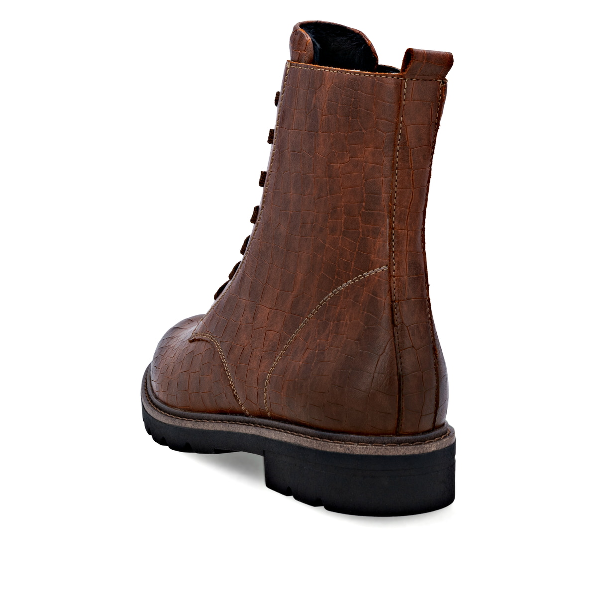 Braune remonte Damen Schnürstiefel D2Q71-22 mit einem Reißverschluss. Schuh von hinten.