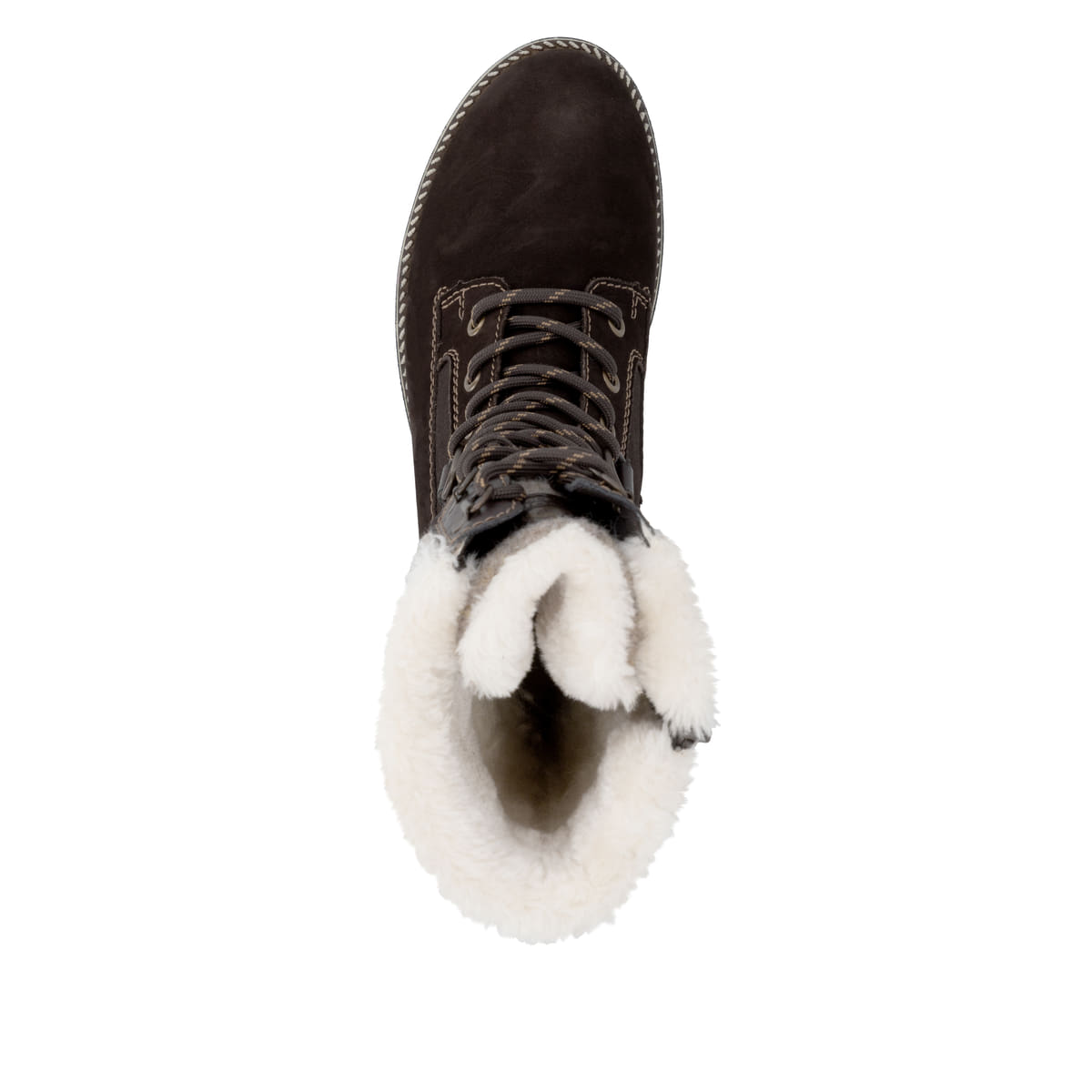 Dunkelbraune remonte Hochschaftstiefel D8474-25. Schuh von oben.
