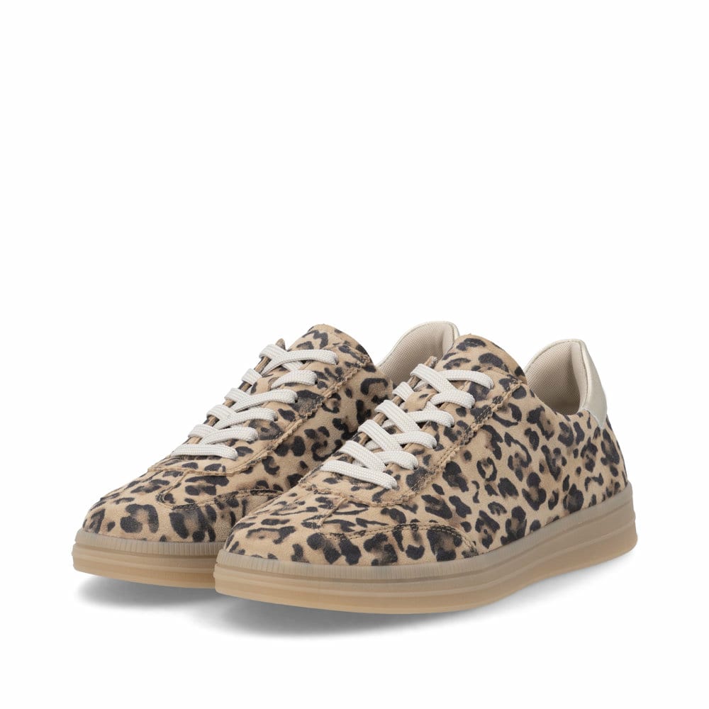 Mehrfarbige remonte Damen Sneaker D2C06-90 mit angesagtem Animal-Print. Schuhpaar seitlich schräg.