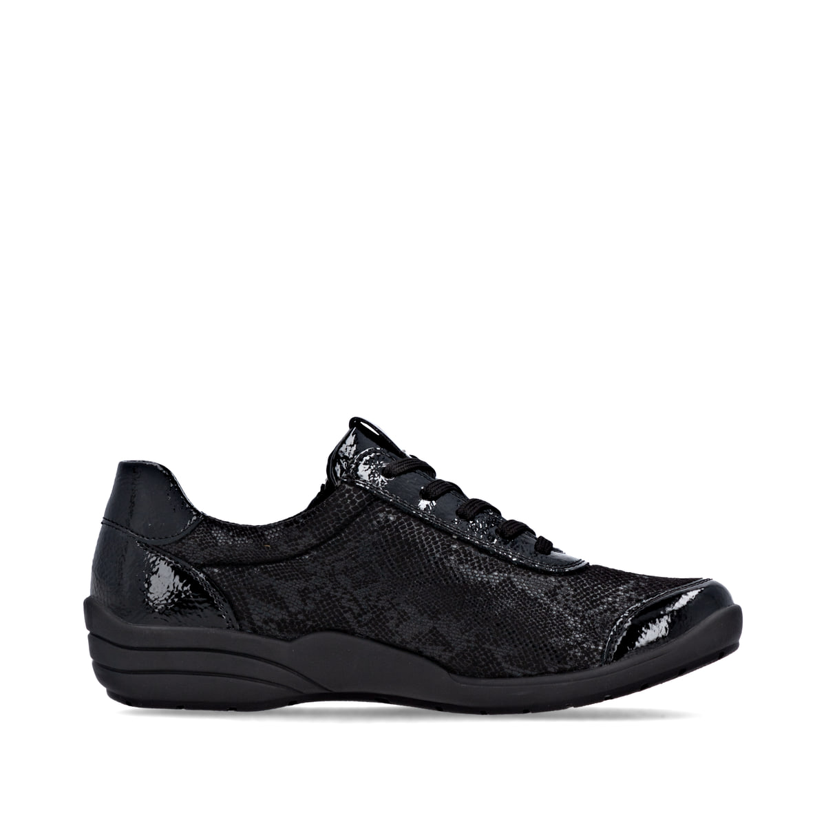 Baskets basses remonte noires pour femme R7637-04 avec fermeture éclair. Chaussure vue de l'arrière.