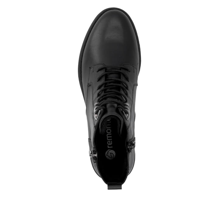 Schwarze remonte Damen Stiefeletten D0F82-00 mit einem Reißverschluss. Schuh von oben.