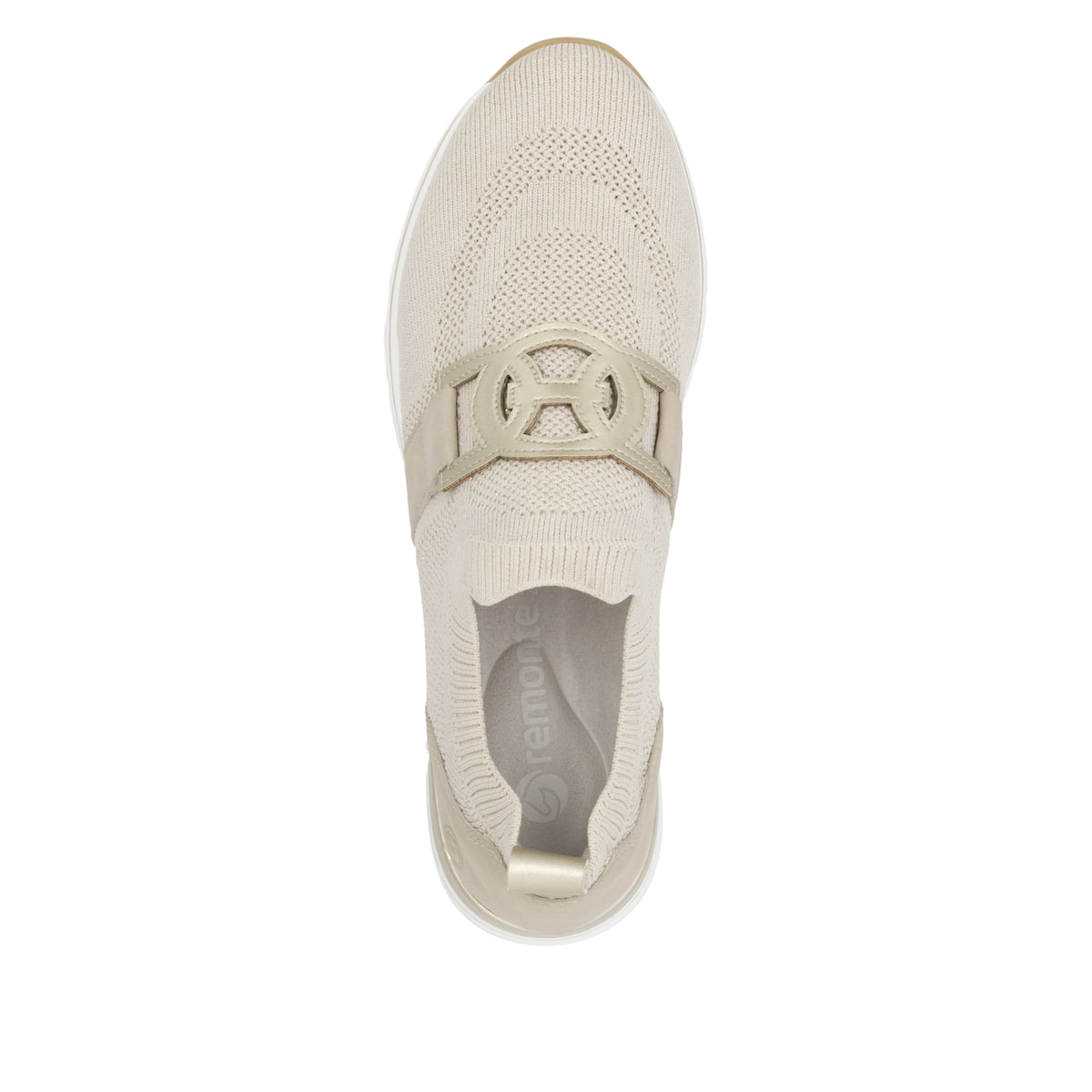 Beige remonte Damen Slipper R6713-60 mit einem Gummizug sowie der Komfortweite G. Schuh von oben.