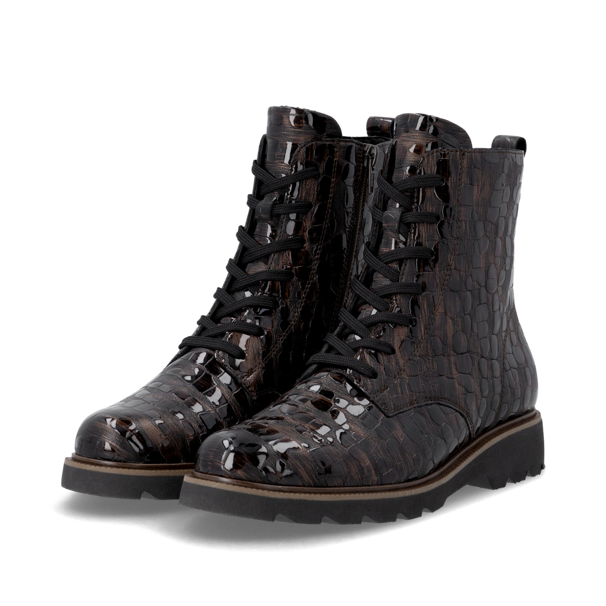 Dunkelbraune remonte Damen Schnürstiefel D3S72-25 mit einem Reißverschluss. Schuhpaar seitlich schräg.