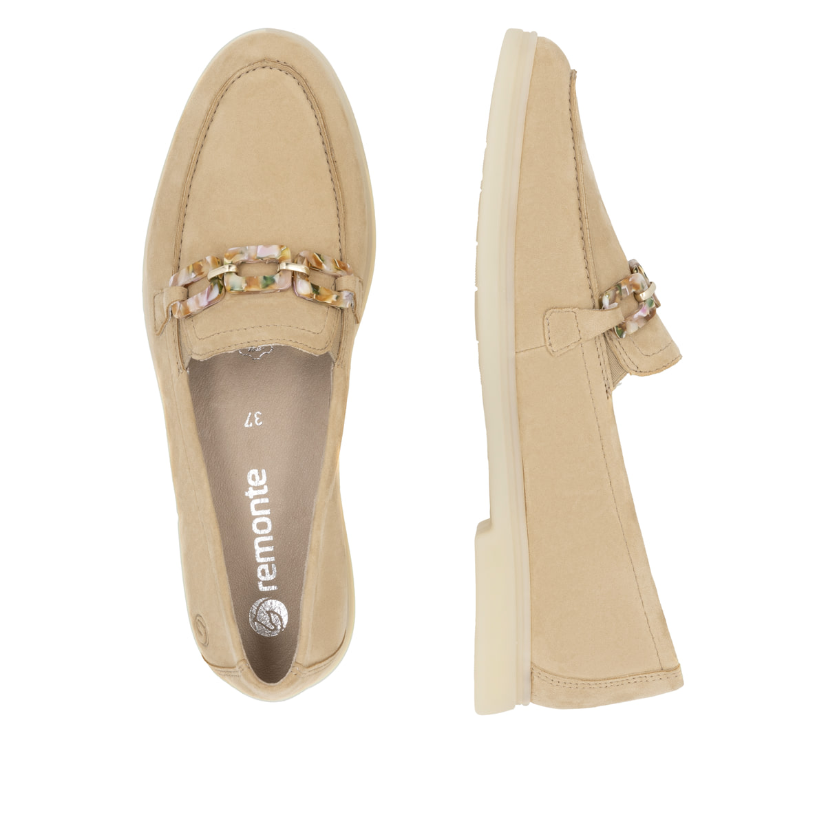Beige remonte Damen Loafer D2F00-62 mit Gummizug sowie gepolsterter Einlegesohle. Schuh von oben, liegend.
