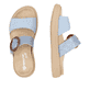 Blaue vegane remonte Damen Pantoletten D2N51-10 mit einem Klettverschluss. Schuh von oben, liegend.