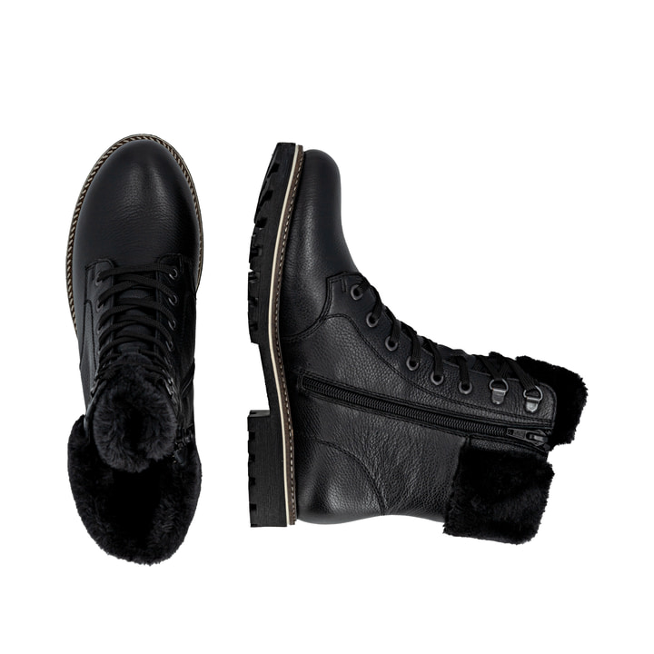 Schwarze remonte Damen Schnürstiefel D8481-00 mit wasserabweisender TEX-Membran. Schuh von oben, liegend.