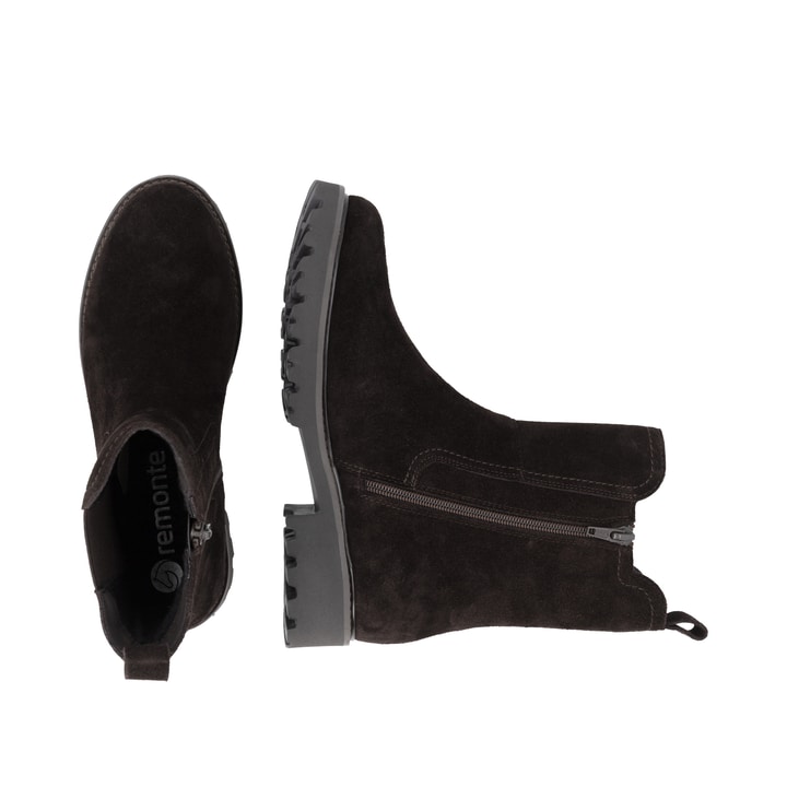 Dunkelbraune remonte Chelsea Boots D8694-26 mit einem Reißverschluss. Schuh von oben, liegend.