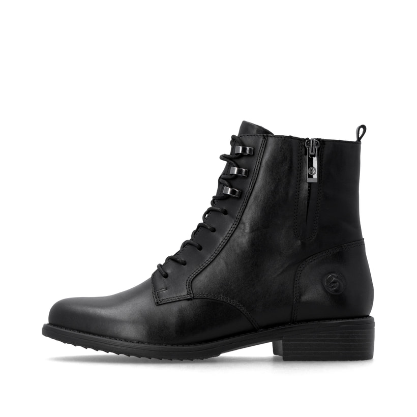 Schwarze remonte Damen Stiefeletten D0F82-00 mit einem Reißverschluss. Schuh Außenseite.