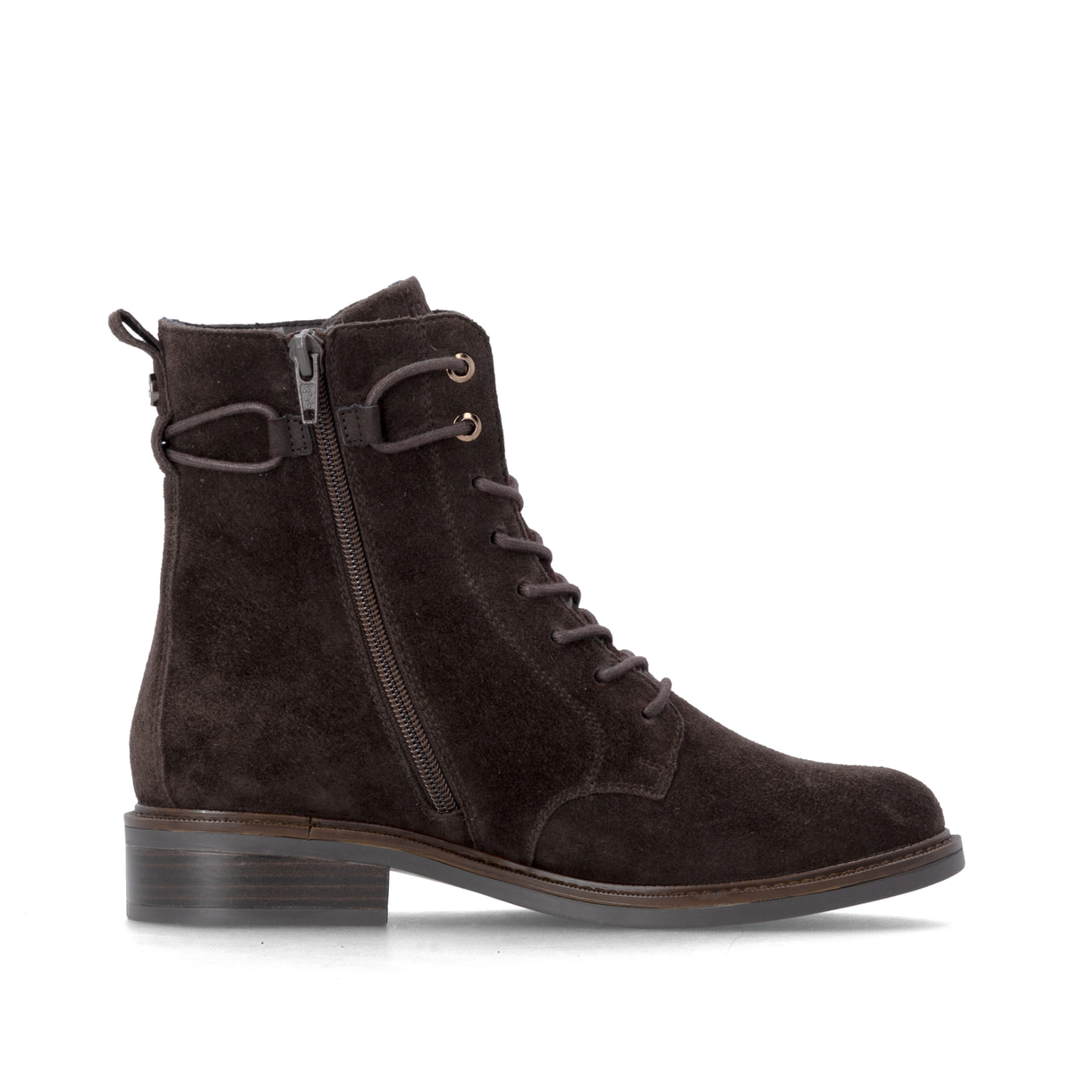 Dunkelbraune remonte Damen Schnürstiefel D2W80-25 mit einem Reißverschluss. Schuh Innenseite.