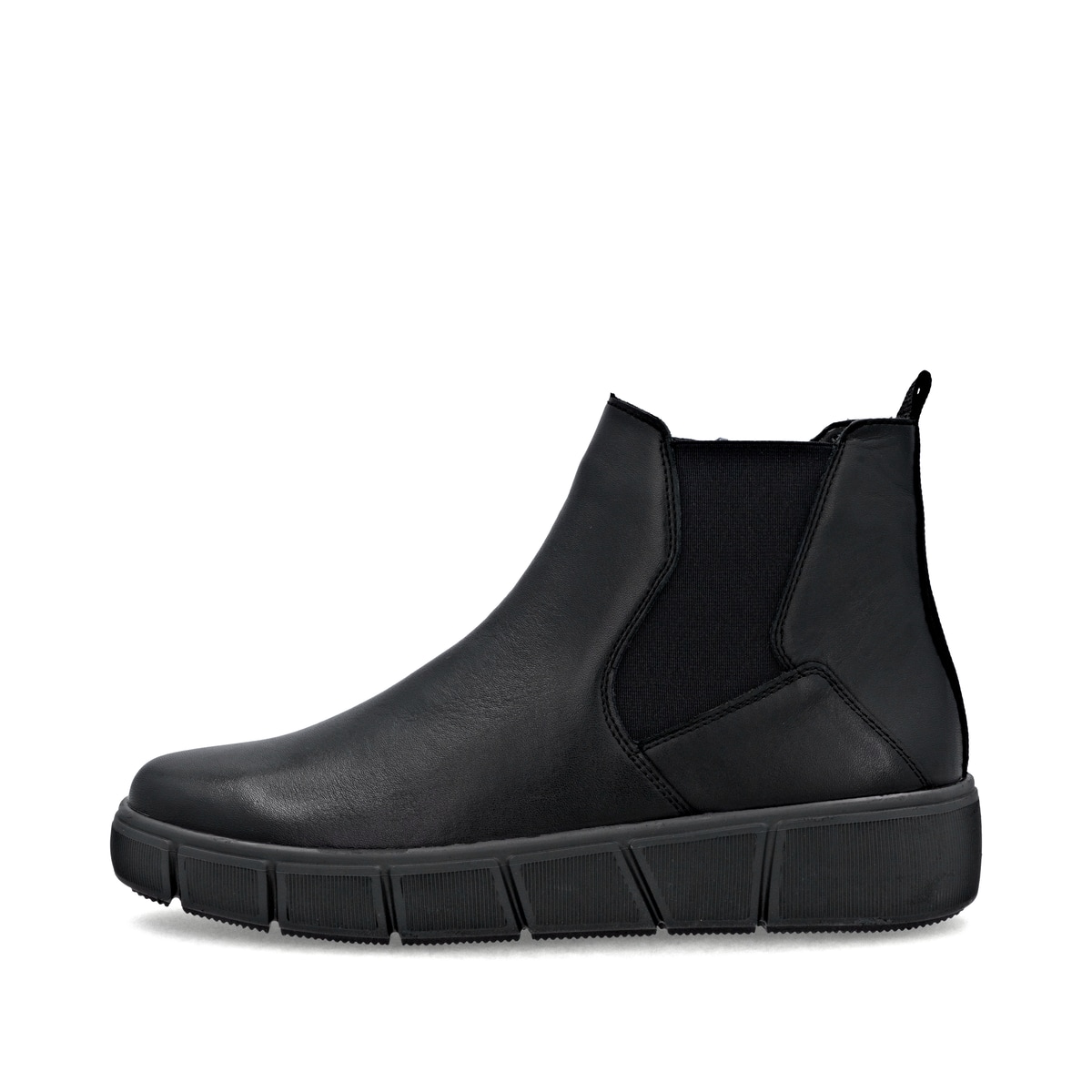 Schwarze remonte Chelsea Boots D1T71-01 mit Reißverschluss sowie Komfortweite G. Schuh Außenseite.