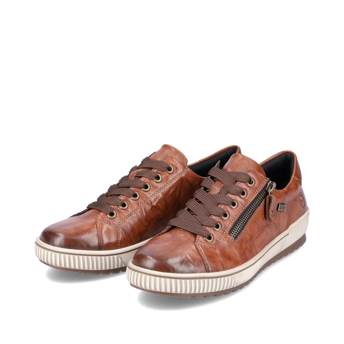 Karamellbraune remonte Damen Schnürschuhe D0700-22 mit Schnürung und Reißverschluss. Schuhpaar schräg.