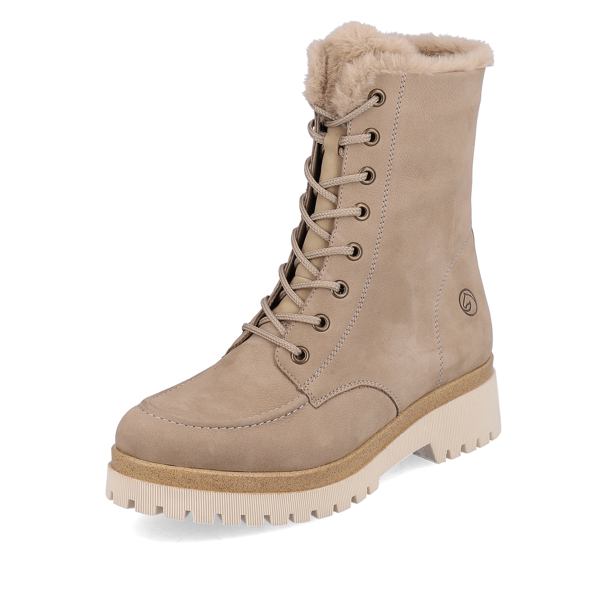
Vanillebeige remonte Damen Schnürstiefel D1B74-60 mit einer dämpfenden Profilsohle. Schuh seitlich schräg