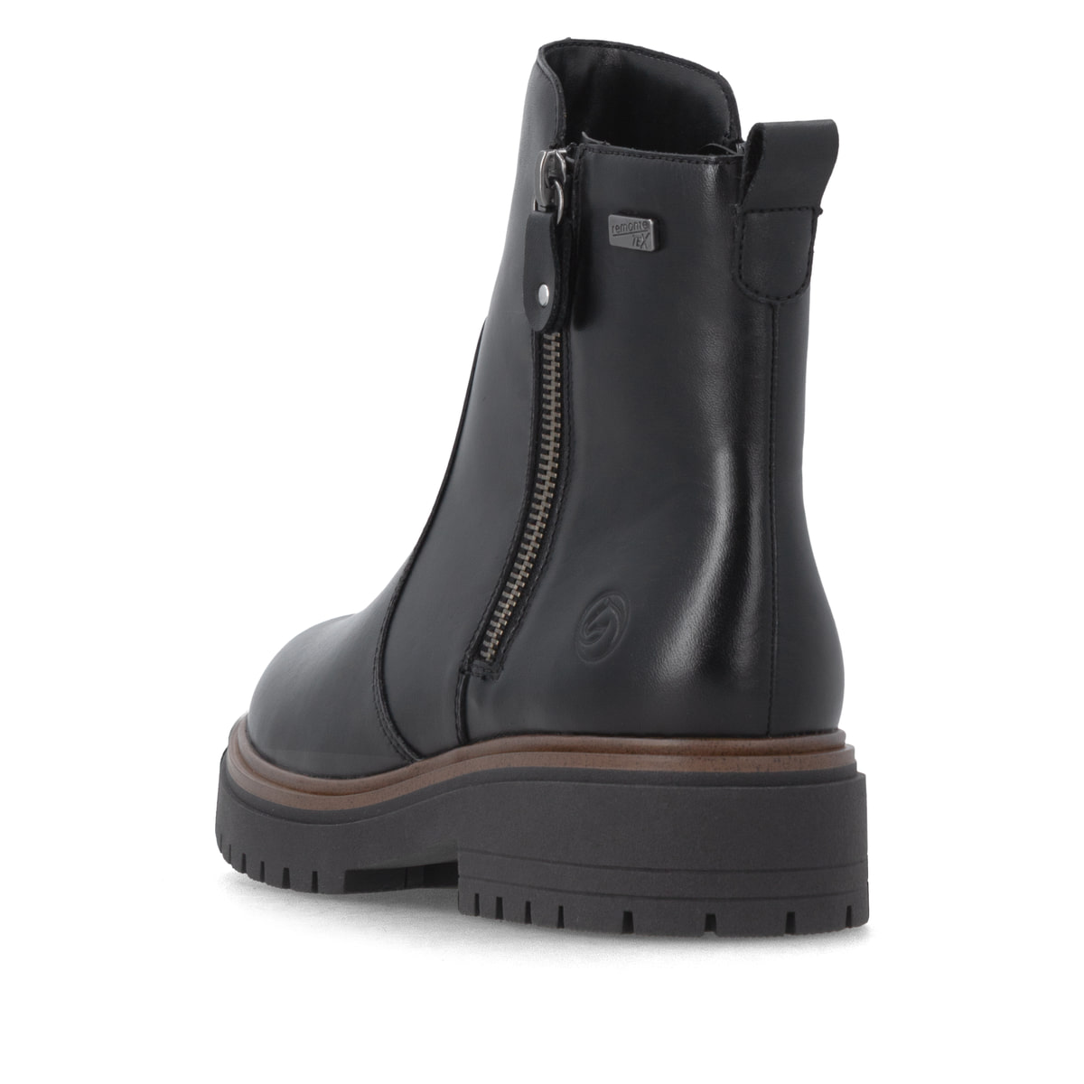 Schwarze remonte Damen Kurzstiefel D4B72-00 mit wasserabweisender TEX-Membran. Schuh von hinten.