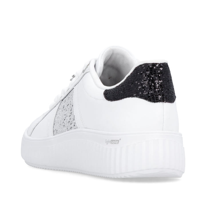 Weiße remonte Damen Schnürschuhe D3E02-80 mit dekorativem Schmuckdetail. Schuh von hinten.