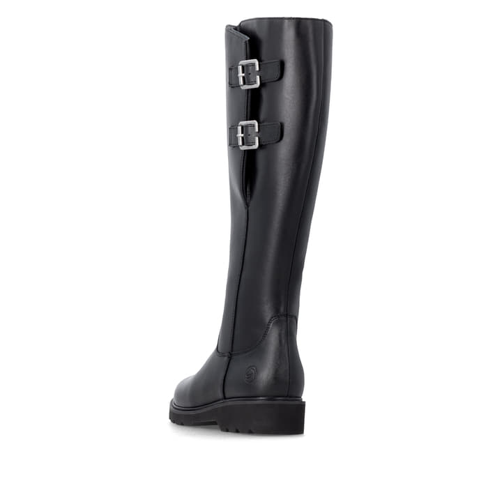 Schwarze remonte Hochschaftstiefel D3S74-00 mit einem Reißverschluss. Schuh von hinten.