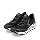 Vegane, schwarze remonte Damen Sneaker D0T09-04 mit einem Reißverschluss. Schuhpaar seitlich schräg.