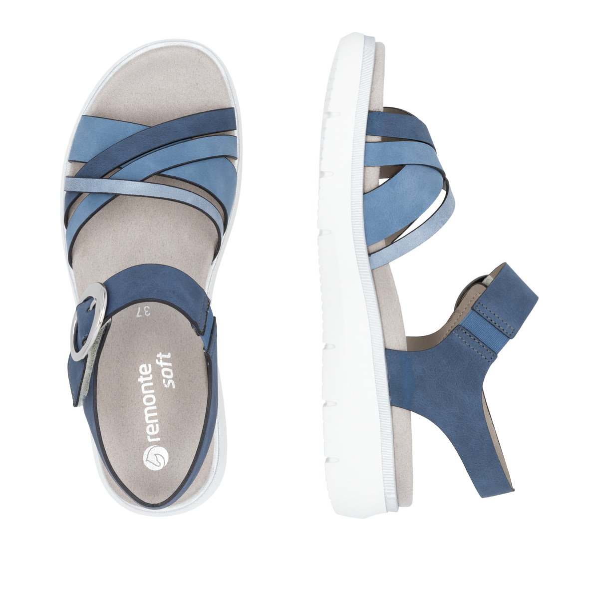 Blaue vegane remonte Riemchensandalen D2K55-14 mit einem Klettverschluss. Schuh von oben, liegend.