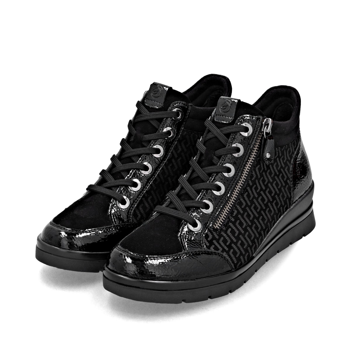 Schwarze remonte Damen Schnürstiefel R0773-05 mit einem Reißverschluss. Schuhpaar seitlich schräg.