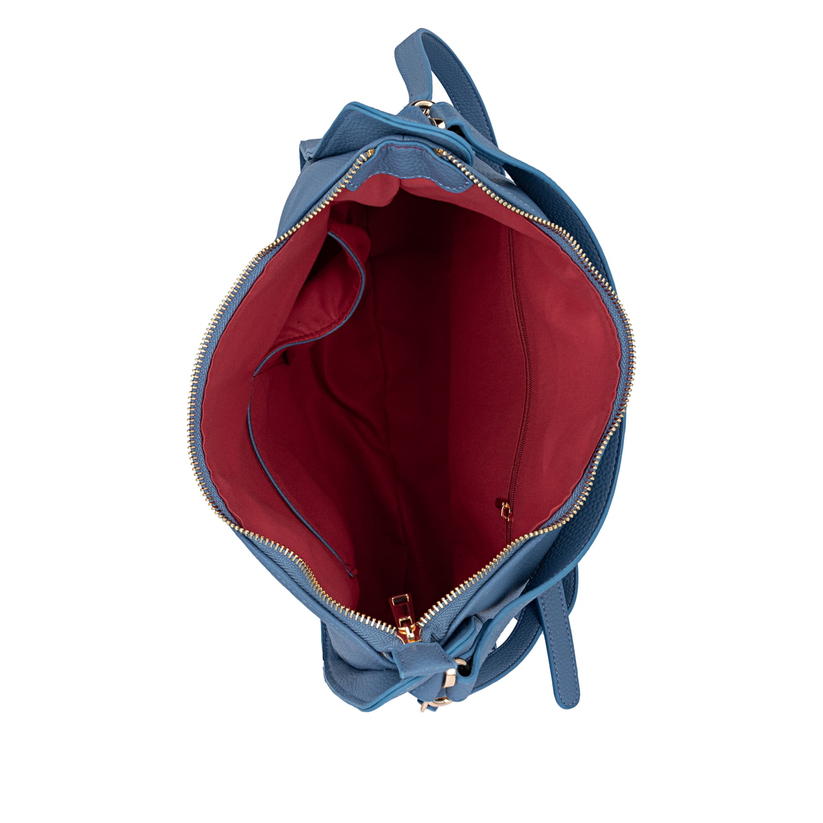 Sac à main remonte Q0730-14 bleu avec détails dorés et fermeture éclair.  Ouvert.