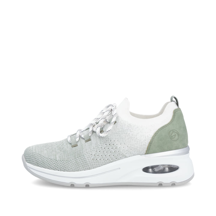 Grüne remonte Damen Slipper D2H04-52 mit einem Gummizug sowie der Extraweite H. Schuh Außenseite.