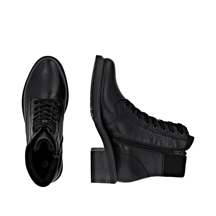 Schwarze remonte Damen Stiefeletten D1A70-01 mit wasserabweisender TEX-Membran. Schuh von oben, liegend.