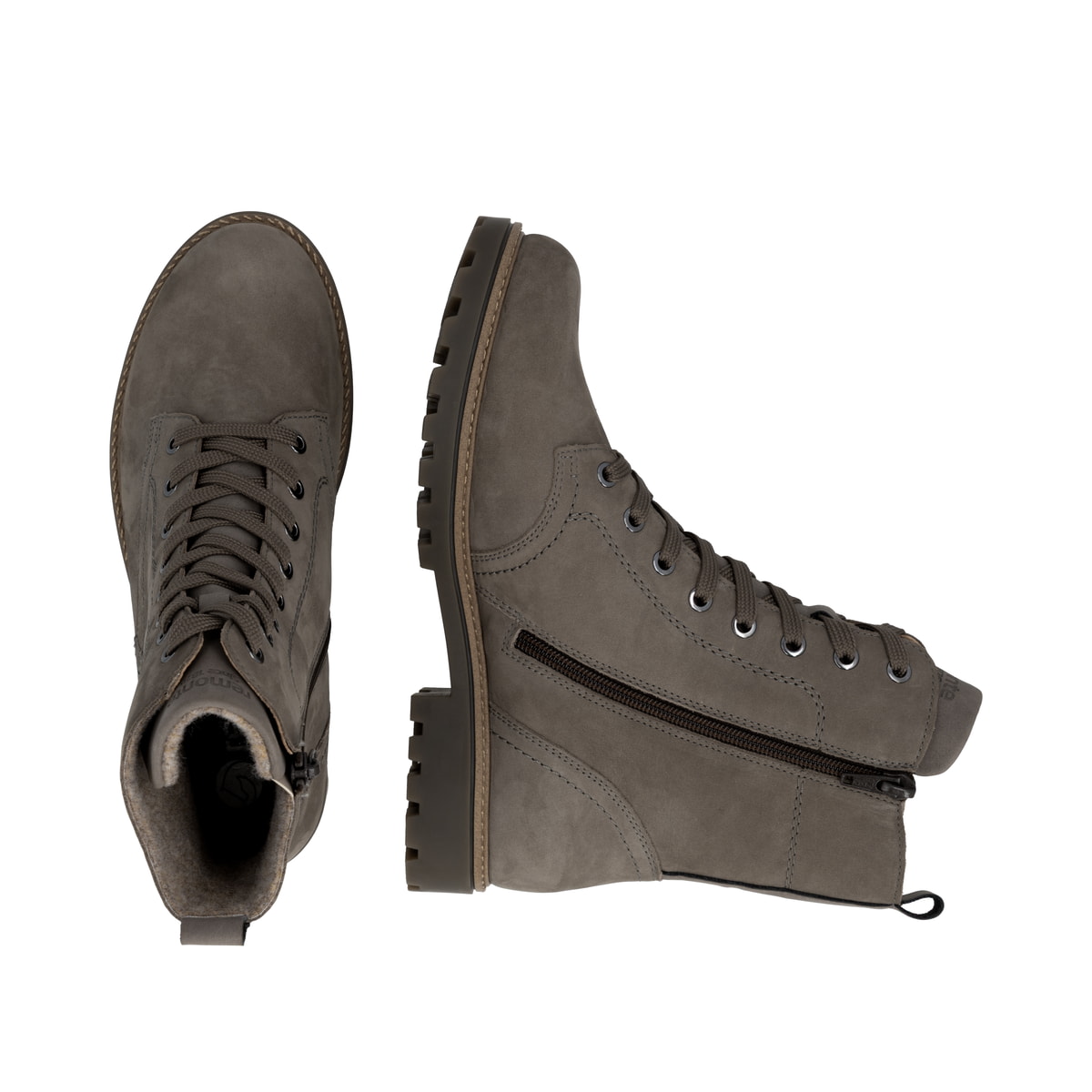 Graue remonte Damen Schnürstiefel D8489-42 mit wasserabweisender TEX-Membran. Schuh von oben, liegend.