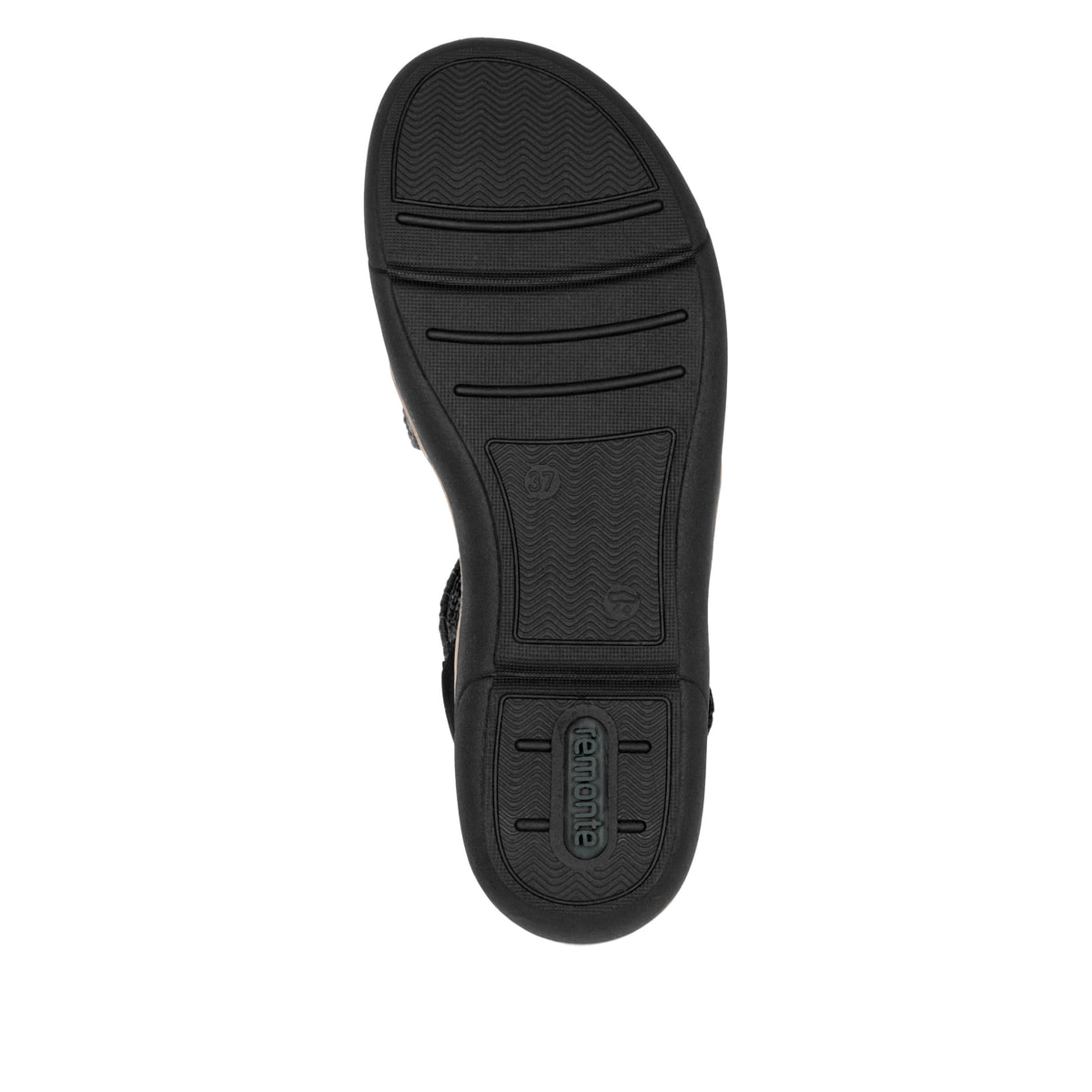 Schwarze remonte Riemchensandalen R6861-02 mit einem Klettverschluss. Schuh Laufsohle.