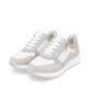 Weiße remonte Damen Sneaker Low D2G00-81 mit Reißverschluss sowie Komfortweite G. Schuhpaar seitlich schräg.