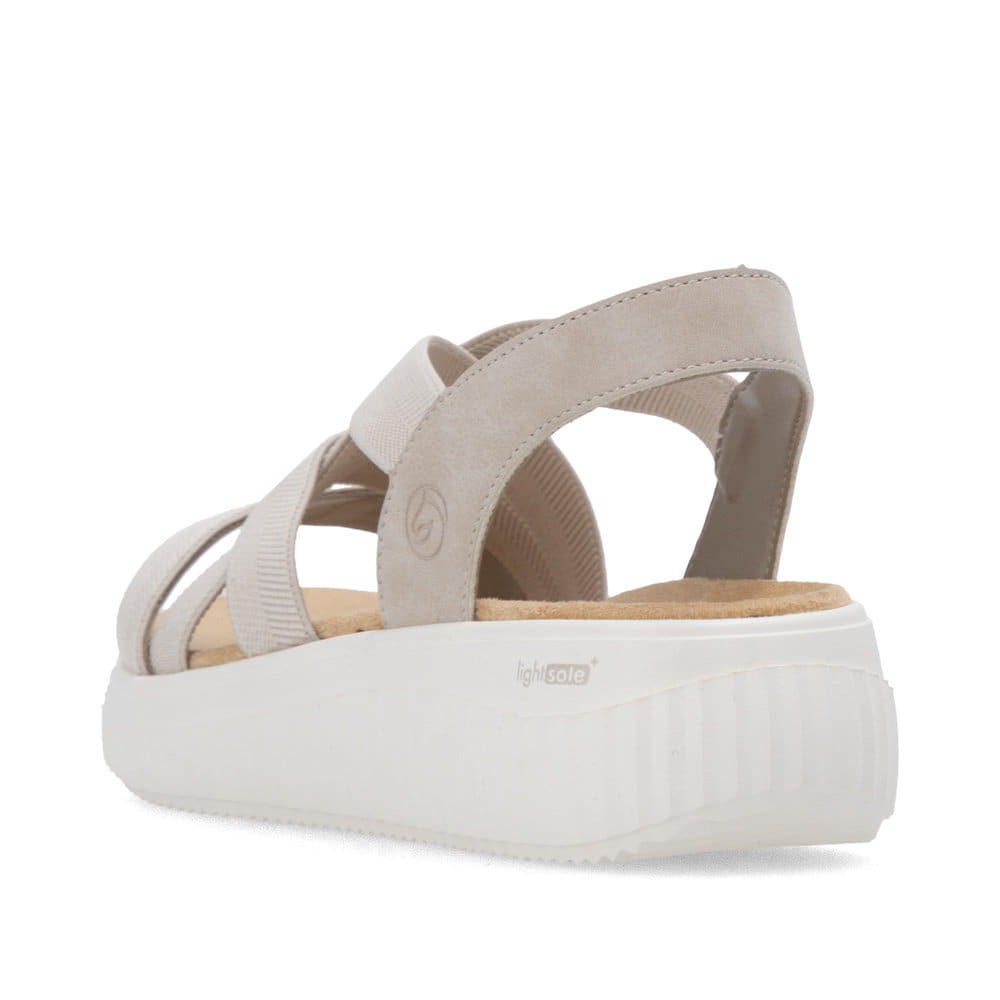 Beige remonte Riemchensandalen D3L52-60 mit einem Gummizug sowie Extraweite H. Schuh von hinten.