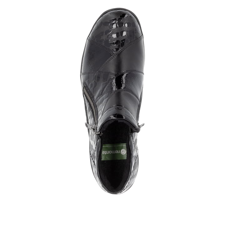Schwarze remonte Damen Kurzstiefel R7674-04 mit einem Reißverschluss. Schuh von oben.