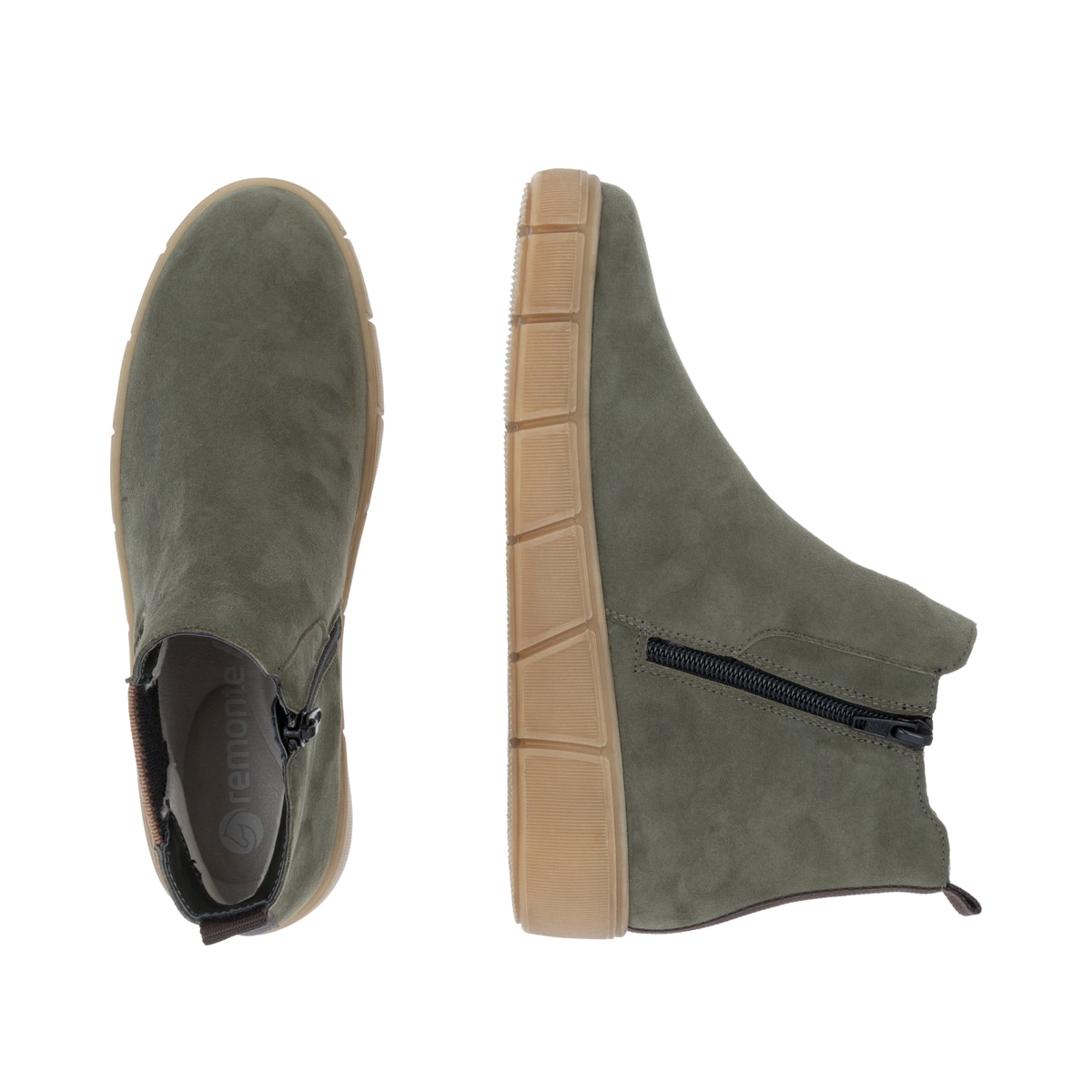 Grüne remonte Chelsea Boots D1T71-54 mit Reißverschluss sowie der Komfortweite G. Schuh von oben, liegend.