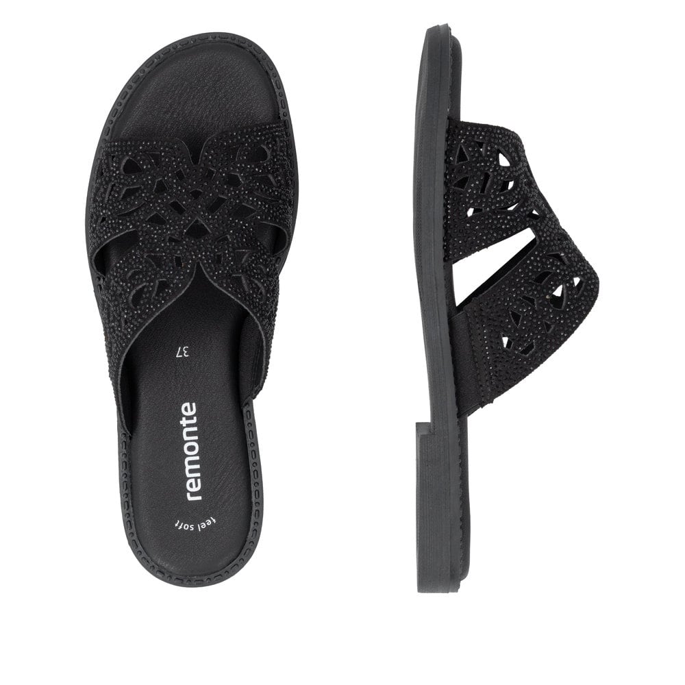 Mules remonte noires vegan pour femme D3647-00 avec bande élastique. Chaussure vue de dessus, couchée.