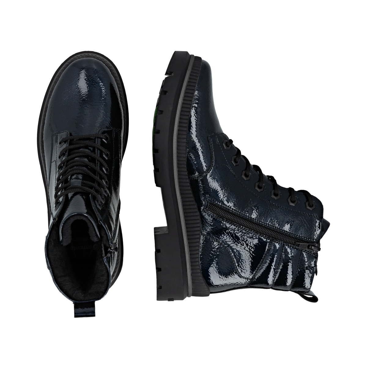 Blaue vegane remonte Damen Schnürstiefel D0C82-14 mit Glass-Fibre Sohle. Schuh von oben, liegend.