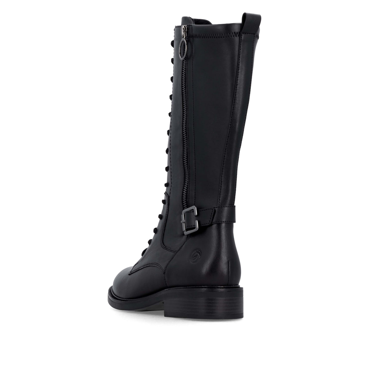 Schwarze remonte Hochschaftstiefel D2W71-00 mit Deko-Schnalle. Schuh von hinten.