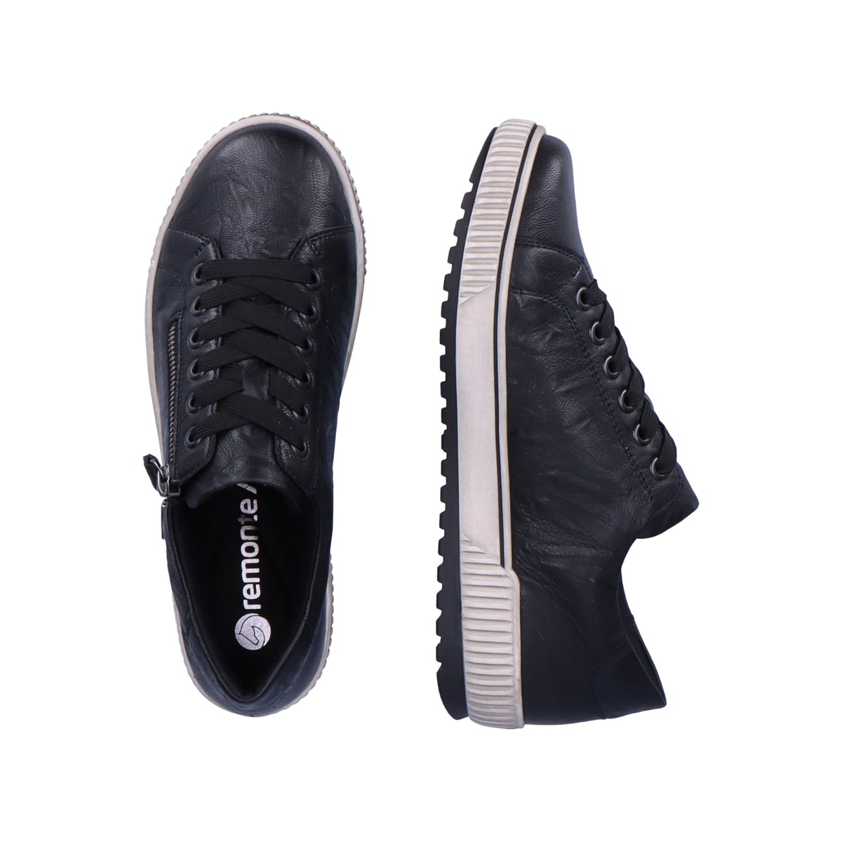 Schwarze remonte Damen Schnürschuhe D0700-00 mit wasserabweisender TEX-Membran. Schuh von oben, liegend.