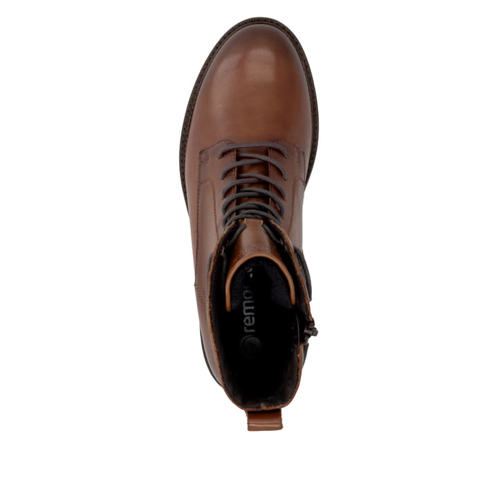 Braune remonte Damen Schnürstiefel D2W80-24 mit einem Reißverschluss. Schuh von oben.