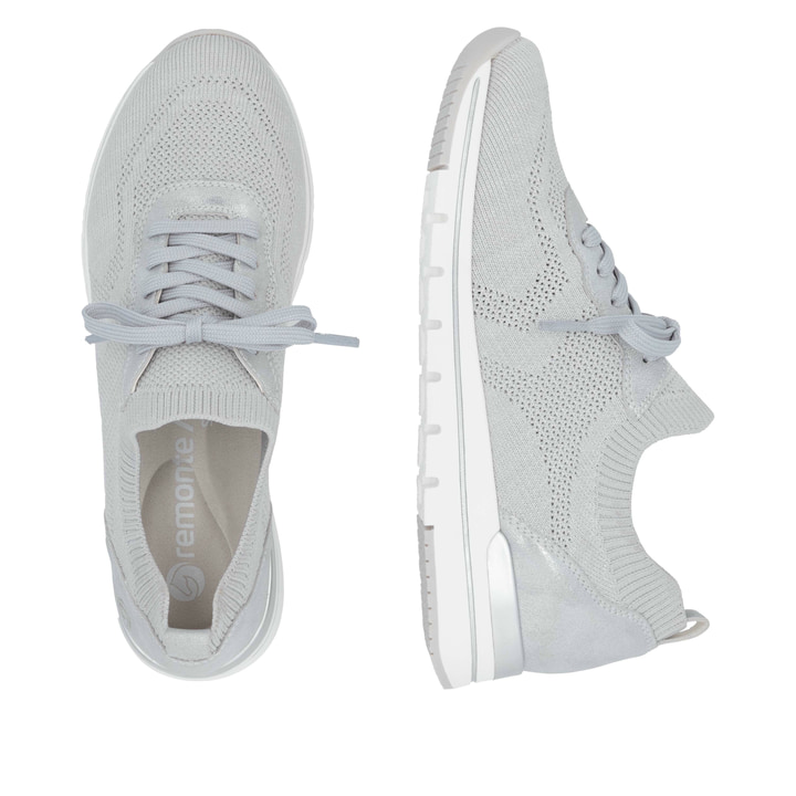 Graue remonte Damen Slipper R6712-40 mit einem Gummizug sowie der Komfortweite G. Schuh von oben, liegend.