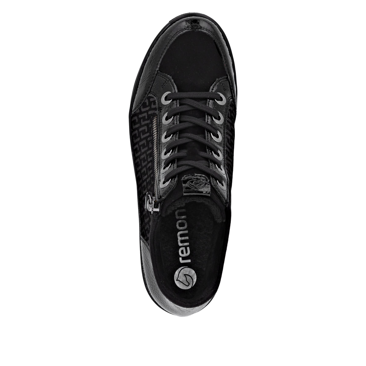 Schwarze remonte Damen Schnürstiefel R0773-05 mit einem Reißverschluss. Schuh von oben.