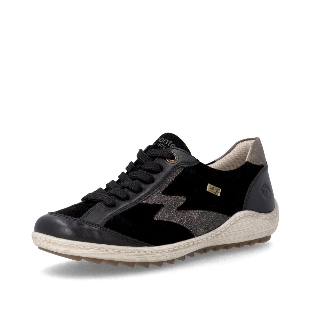 Chaussures à lacets remonte noires pour femmes R1443-03. Chaussure inclinée sur le côté.