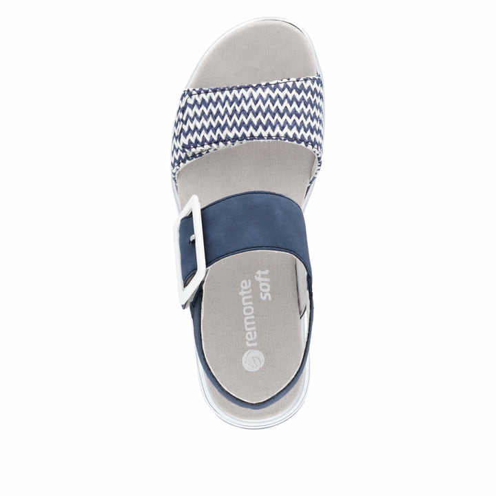 Blaue vegane remonte Riemchensandalen D1J53-14 mit einem Klettverschluss. Schuh von oben.