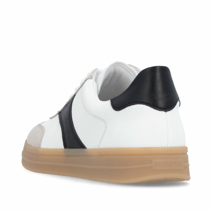 Weißbeige remonte Damen Sneaker D2C01-83 mit Schnürung sowie der Komfortweite G. Schuh von hinten.