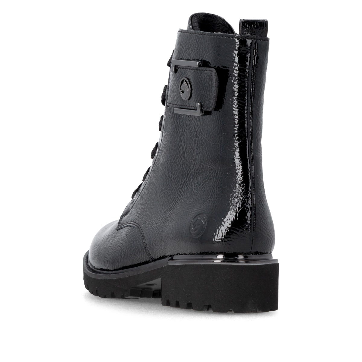 Vegane, schwarze remonte Damen Schnürstiefel D8683-03 mit einem Reißverschluss. Schuh von hinten.