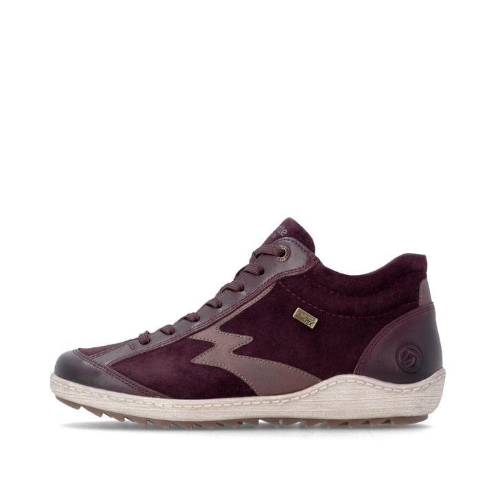 Weinrote remonte Damen Schnürstiefel R1454-35 mit wasserabweisender TEX-Membran. Schuh Außenseite.