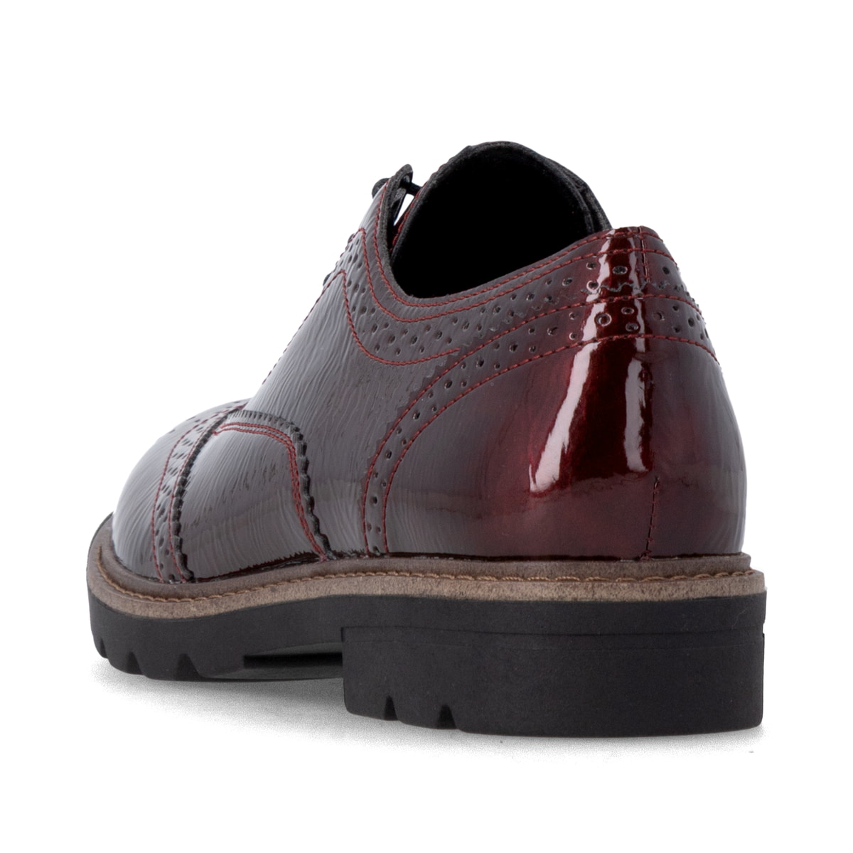 Weinrote remonte Damen Schnürschuhe D2Q04-35 mit einer gepolsterten Einlegesohle. Schuh von hinten.