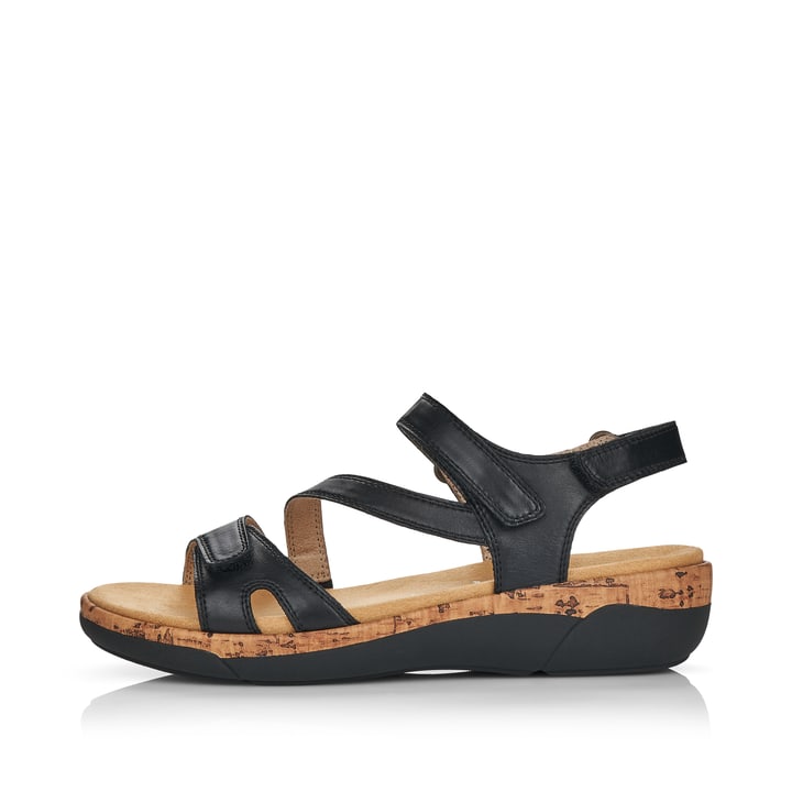 Schwarze remonte Riemchensandalen R6850-01 mit einem Klettverschluss. Schuh Außenseite.