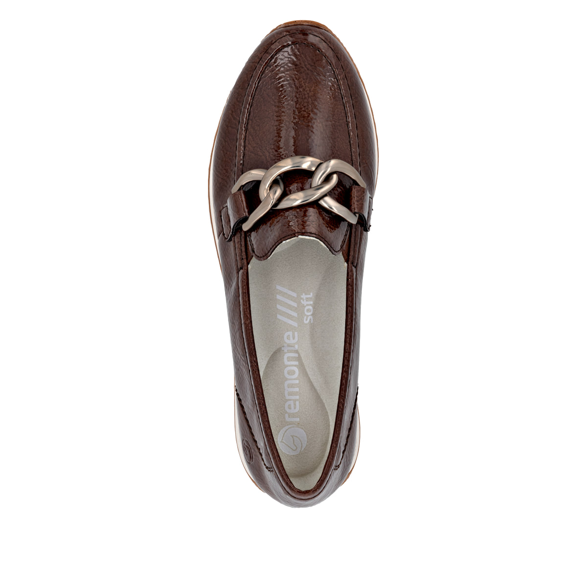 Braune remonte Damen Loafer D0H15-25 mit Deko-Kette sowie einem Gummizug. Schuh von oben.